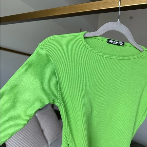 NASTY GAL Long Sleeve Dress Womens 4 S Green Ribbed Knit Maxi Bodycon Cutout Y2K - Picture 3 of 8
